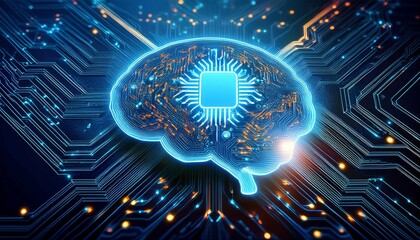 Poster - intricate circuit board with illuminated brain symbol representing artificial intelligence technolog