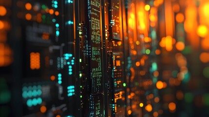 Poster - Server Racks with Illuminated Circuit Boards and Colorful Lights