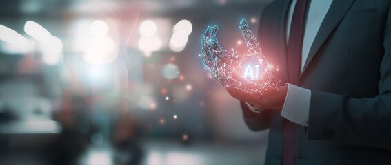 Poster - AI, stock, and machine learning, A businessman controls a robot in a factory with a smart phone using stock data. It is a futuristic use of technology.
