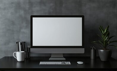 A computer monitor sits on a desk with a keyboard and mouse