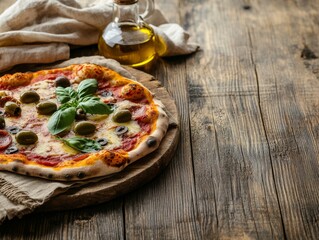 Canvas Print - This rustic wooden table showcases a deliciously baked pizza topped with basil and olives, accompanied by olive oil. The vintage cloth napkin adds a charming touch to the setting