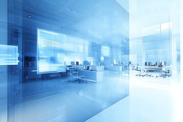 Poster - A modern, minimalist office space with glass walls, blue tones, and a blurred background.