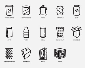 type of packaging materials outline icon set.packaging pictogram symbol vector isolated on background