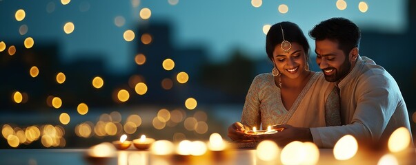 A couple with an oil lamp at night. Diwali. Holiday lights. An Indian ritual. Dark background copy space