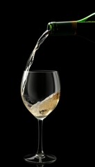 a light drink is pouring from a bottle into a glass , all on a black background