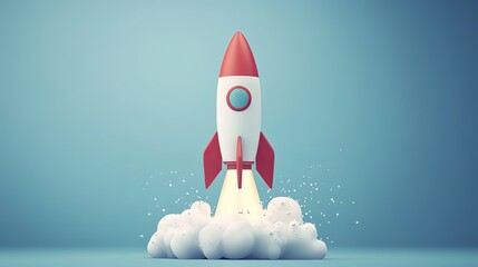 Miniature spaceship icon in a cartoon style. A toy rocket ascends, releasing smoke. Represents a fresh start, space exploration, or business strategies.