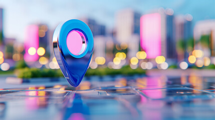 Poster - Location pin with technology in urban setting on reflective surface