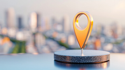 Poster - Location pin and travel marker in urban background with blurred cityscape