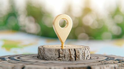 Poster - Location pin on wood background with travel map and nature symbolizing navigation and destination concepts