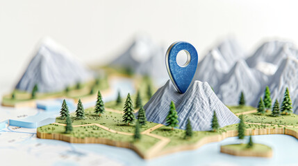Poster - Map pin on mountain landscape with detailed terrain and vibrant greenery showcasing nature's beauty