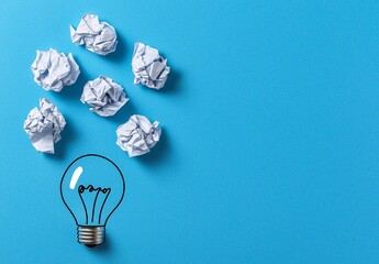 Poster - The concept picture depicts crumpled yellow paper and a sketch of lamps on a blue background. It shows office work and creativity.