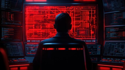 Poster - A person monitoring advanced technology in a dark room with red ambient lighting and multiple high-tech screens.