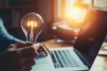 Poster - New ideas with innovative technology and creativity, Businessman holding a light bulb, New ideas with innovative technology and creativity,