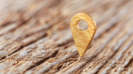 Poster - Map marker and golden location marker on wooden surface with focus and detail