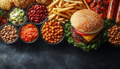 Wall Mural - A vibrant spread of burgers, fries, and assorted side dishes.