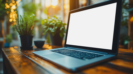 Poster - A laptop is open on a wooden table with a potted plant next to it. The laptop screen is blank.