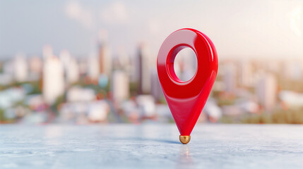  - Location pin symbolizing navigation with blurred city background and modern architecture