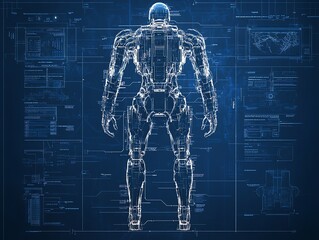 Poster - a translucent robotic figure stands in the center of a blueprint design, representing the future of 