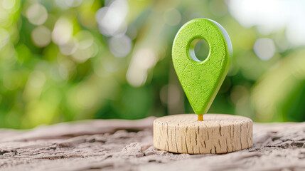 Poster - Location pin on a wooden base with a blurred green background highlighting travel markers and navigation concepts