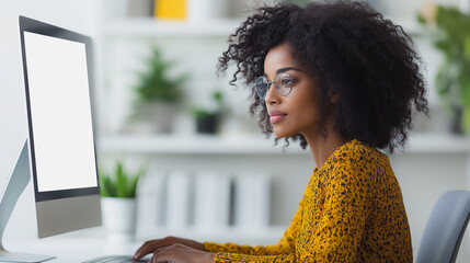Poster - A woman with curly hair is sitting at a desk in front of a computer monitor