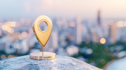  - Location marker standing on stone with blurred city skyline in background