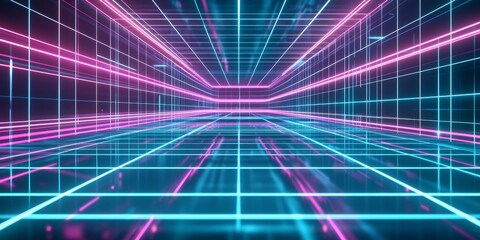Poster - Futuristic neon tunnel with blue and pink glow, creating a vibrant, digital atmosphere.