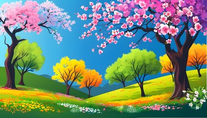 Vibrant spring scenery featuring blossoming trees in a lively vector illustration