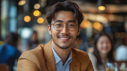 Poster - a man wearing glasses and a brown jacket is smiling at the camera