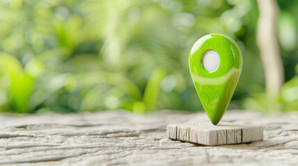 Poster - Map marker on wooden surface with greenery representing location and navigation concept