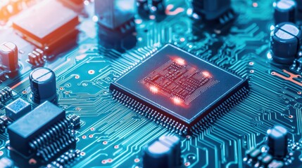 Poster - Close-up of a microchip on a circuit board with glowing lights, showcasing advanced electronic components.