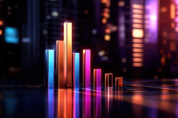 Poster - Colorful 3D bar graph representing data metrics in a modern digital cityscape.