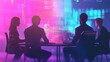 © Terablete - Team analyzing data trends and digital graphics in a high-tech conference room with vibrant colors at dusk