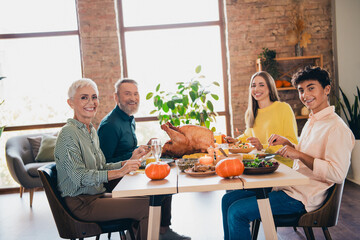 Poster - Portrait of big friendly family enjoy homemade food celebrate thanksgiving day dinner flat indoors