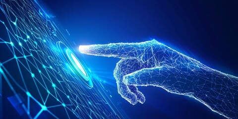 Aufkleber - A close-up of a futuristic, glowing hand touching a digital interface, showcasing high-tech connectivity.