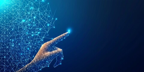 Poster - A digital hand reaching out, symbolizing connection and technology, against a dark blue background filled with geometric patterns.