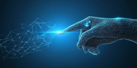 Poster - A digital hand reaching out to connect with a glowing abstract shape, symbolizing technology and innovation.