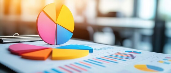 Poster - Colorful pie chart on a desk with graphs, showcasing data analysis and business strategy.