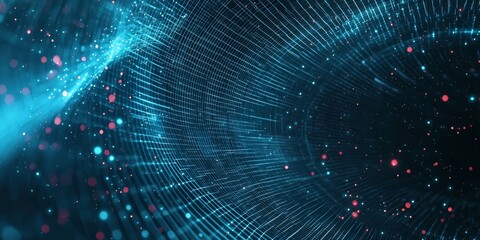 Poster - Abstract digital design in blue tones with vibrant red and pink particles, creating a dynamic and futuristic atmosphere.
