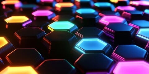Poster - Colorful, illuminated hexagonal tiles create a vibrant, futuristic background with glowing edges.