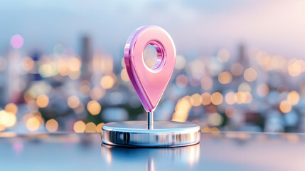 Poster - Location pin navigation tool on blurred city background with bokeh effect
