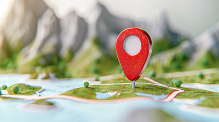 Poster - Map pin on travel location surrounded by landscape and mountains in a vibrant and colorful design