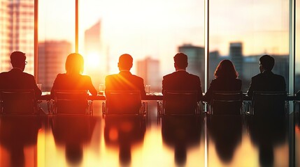 Canvas Print - A group of business professionals sits in silhouette, observing a sunset through large windows, creating a warm and introspective atmosphere.