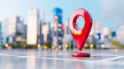  - Location pin on map with city skyline background for navigation