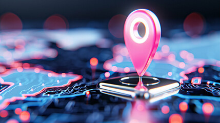 Poster - Location pin and map with neon elements for navigation and travel