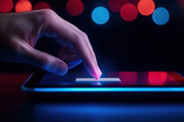 Poster - Hand interacting with a tablet screen, illuminated by colorful lights, on a dark surface.
