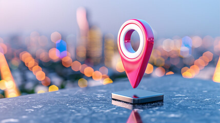 Poster - Location pin marker on urban skyline background with blurred city lights and bokeh effect for navigation