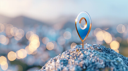Poster - Location pin on rock with blurred city lights travel planning destination concept adventure and exploration