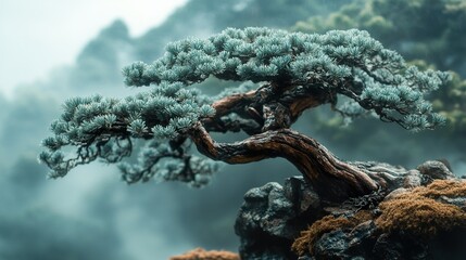 Poster - Bonsai Tree in Foggy Landscape - Zen Garden Serenity