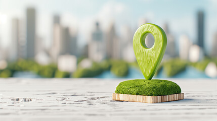 Poster - Location pin marker on green base in urban setting with blurred cityscape background