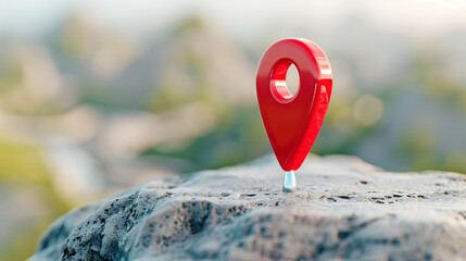 Location marker standing on rocky terrain with mountains in the background showcasing travel and exploration